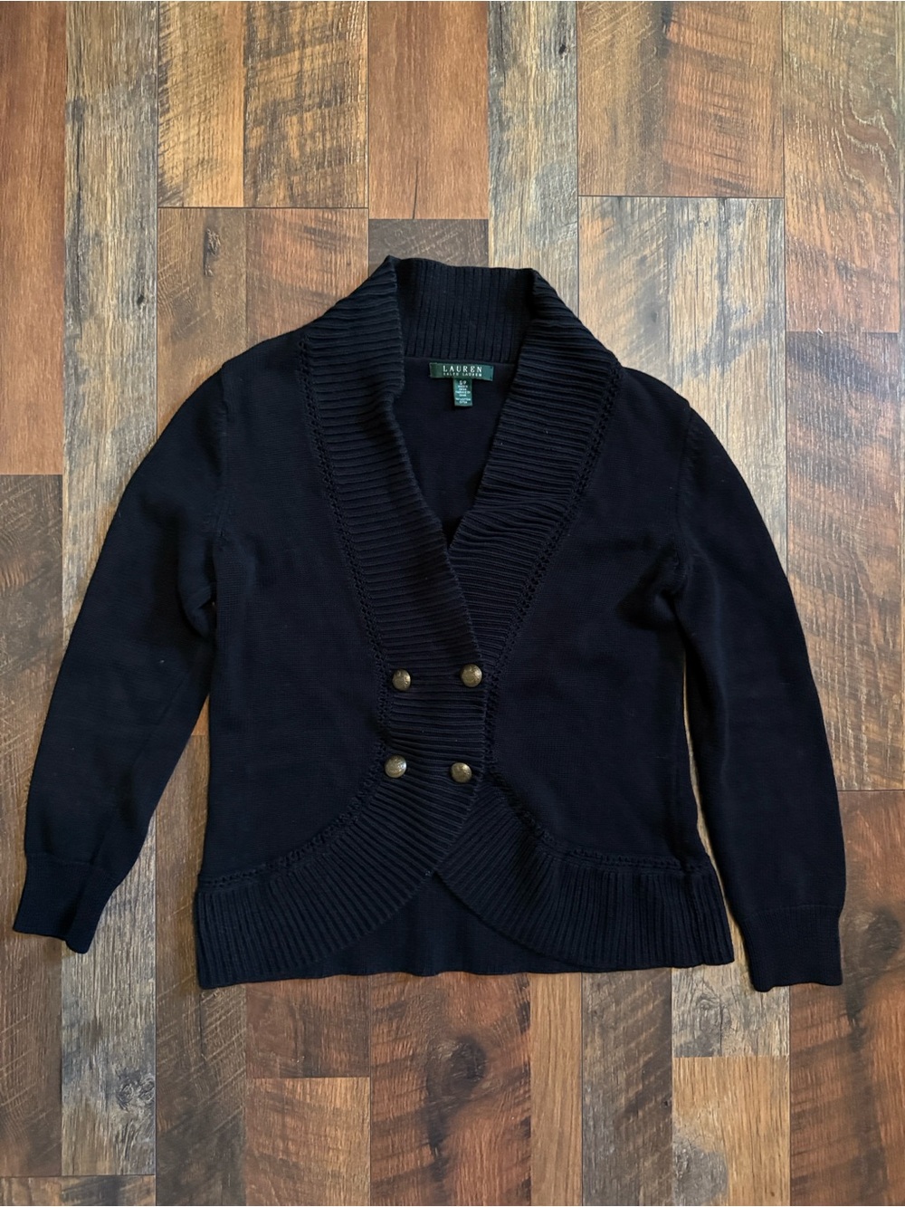 Lauren Ralph Lauren Cardigan Sweater Black Brass buttons Double Breasted sz smal